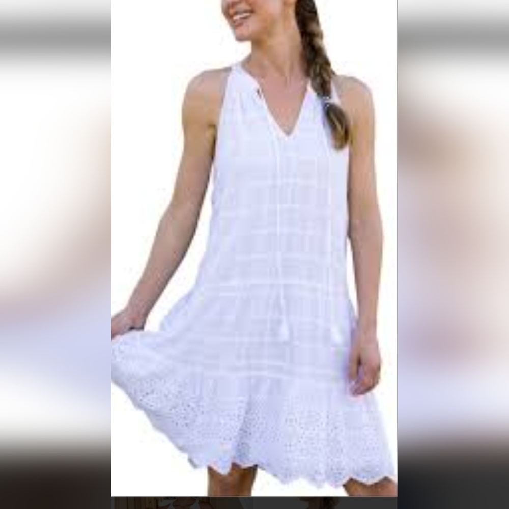 CABANA LIFE Essentials-White Sleeveless Halter-Tassels Eyelet Mini Dress SPF 50+